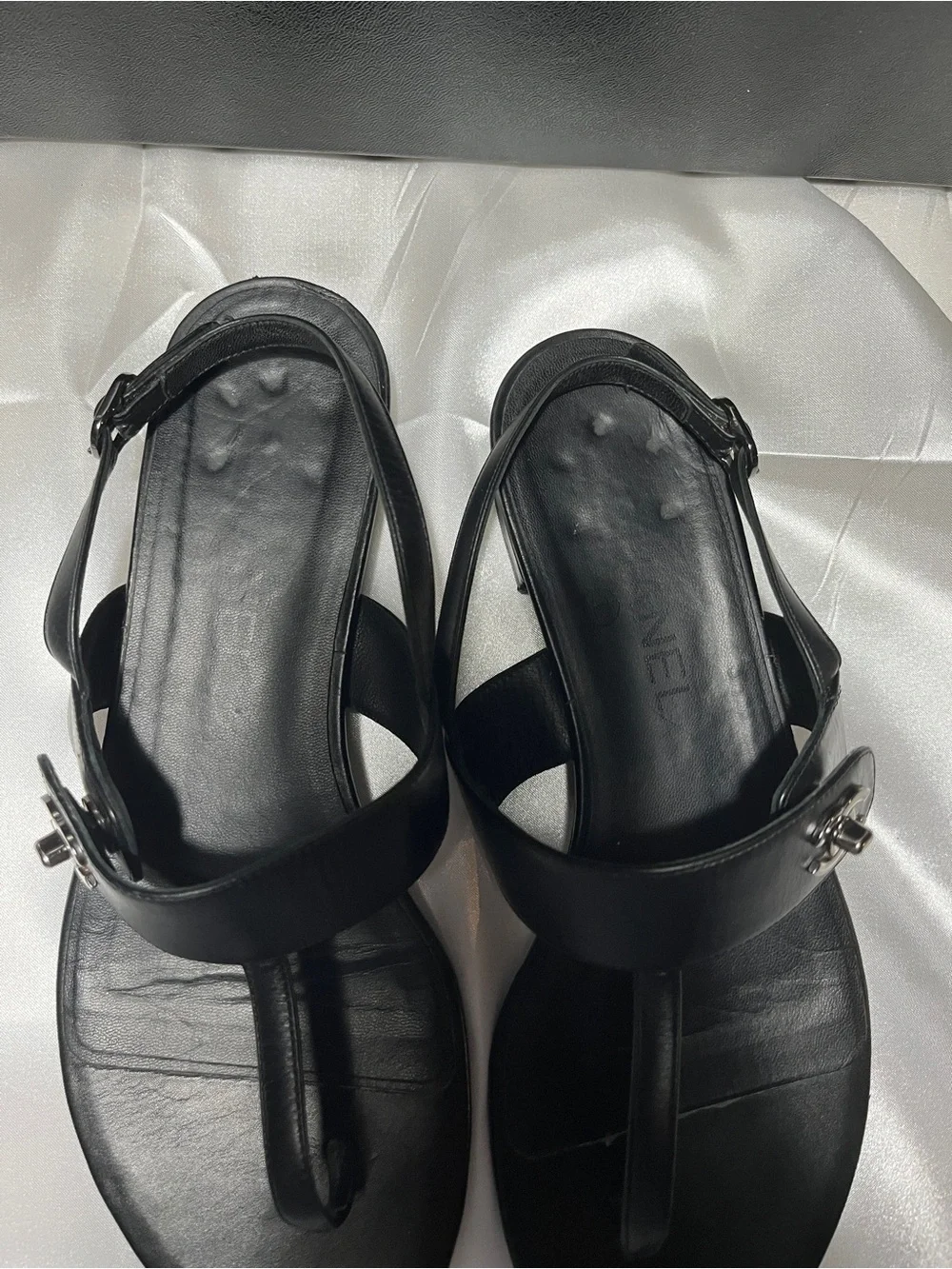 CHANEL Black Leather Thong Sandals with CC Medallion